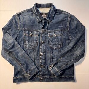 Express Jeans Men’s Denim Trucker Distressed Jean Jacket Dark Wash Y2K Large